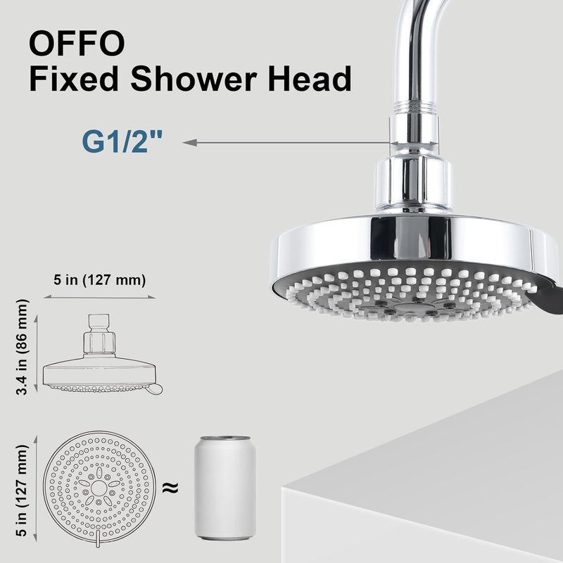 Offo Shower Head, High Pressure Shower Head with 6 Mode, Fixed Showerheads for Strong Water Flow & Relaxing Shower Experience, Chrome - Image 2